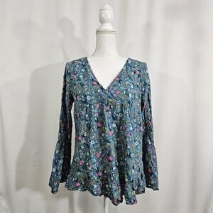 Kori America long bell sleeve floral blouse women's size small